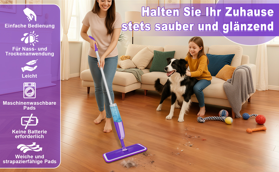 MEXERRIS Спрей-моп 360° з 3 змінними насадками та баком 410 мл для всіх типів підлоги (фіолетовий)