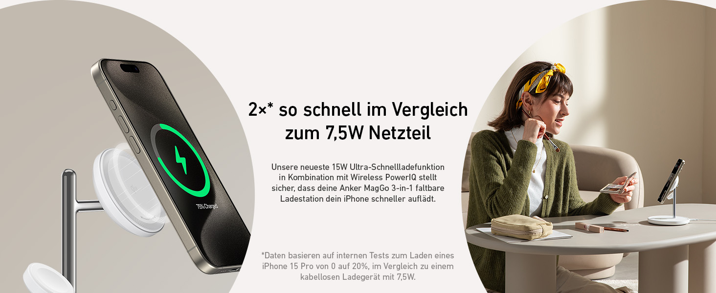 Anker MagGo Зарядна станція 3-в-1 бездротова, 15W, MagSafe, Qi2, для iPhone 16/15/14/13, AirPods Pro, Apple Watch Ultra (з USB-C адаптером та кабелем)