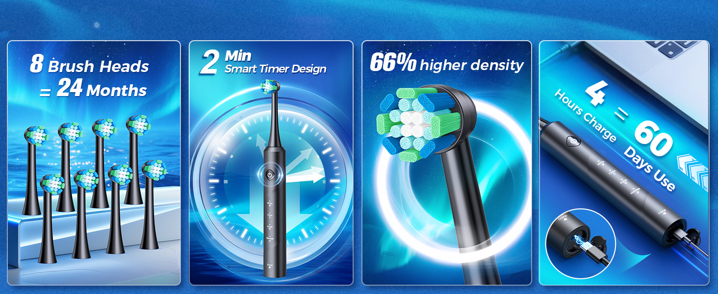 Електрична зубна щітка Rotierende для дорослих з 8 насадками, 4 режимами чищення, акумулятором на 60 днів та Smart-таймером на 2 хвилини - професійна електрична зубна щітка (чорна)
