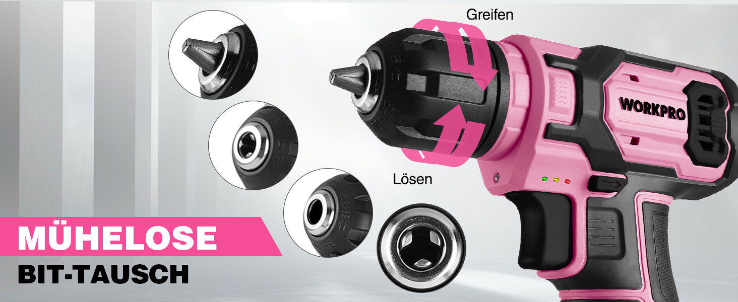 WORKPRO 8V акумуляторний дриль-шуруповерт, комплект з кейсом, 2000 mAh, 10 мм патрон, 12 Н·м, LED-ліхтик, 21 шт. аксесуарів, для ремонту та DIY, сірий & зелений (рожевий & чорний)