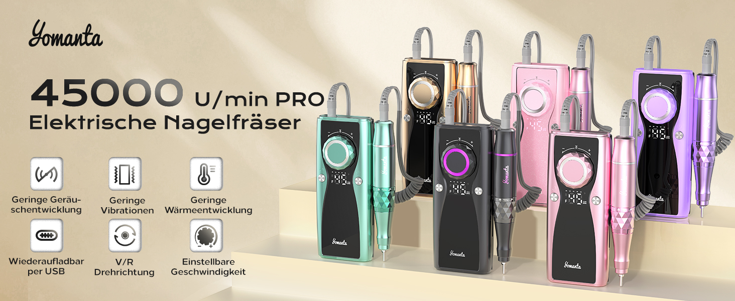 Професійний набір для фрезерування нігтів Nagelfräser: 45000 обертів, акумулятор 10H, LCD-дисплей, регулювання напрямку обертання, чорний