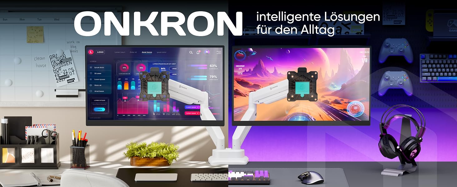 Кронштейн для двох моніторів ONKRON G160-BW (13-32 дюйми), газліфт, до 10 кг на плече, VESA 75x75/100x100, білий/чорний