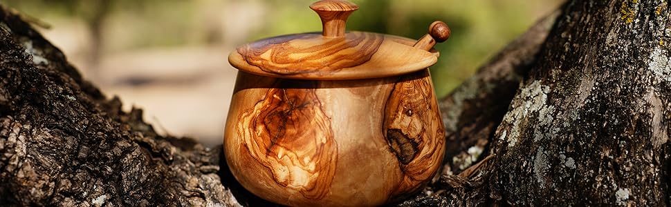 Цукорниця з кришкою та ложкою, ручна робота, оливкове дерево, 100 мл