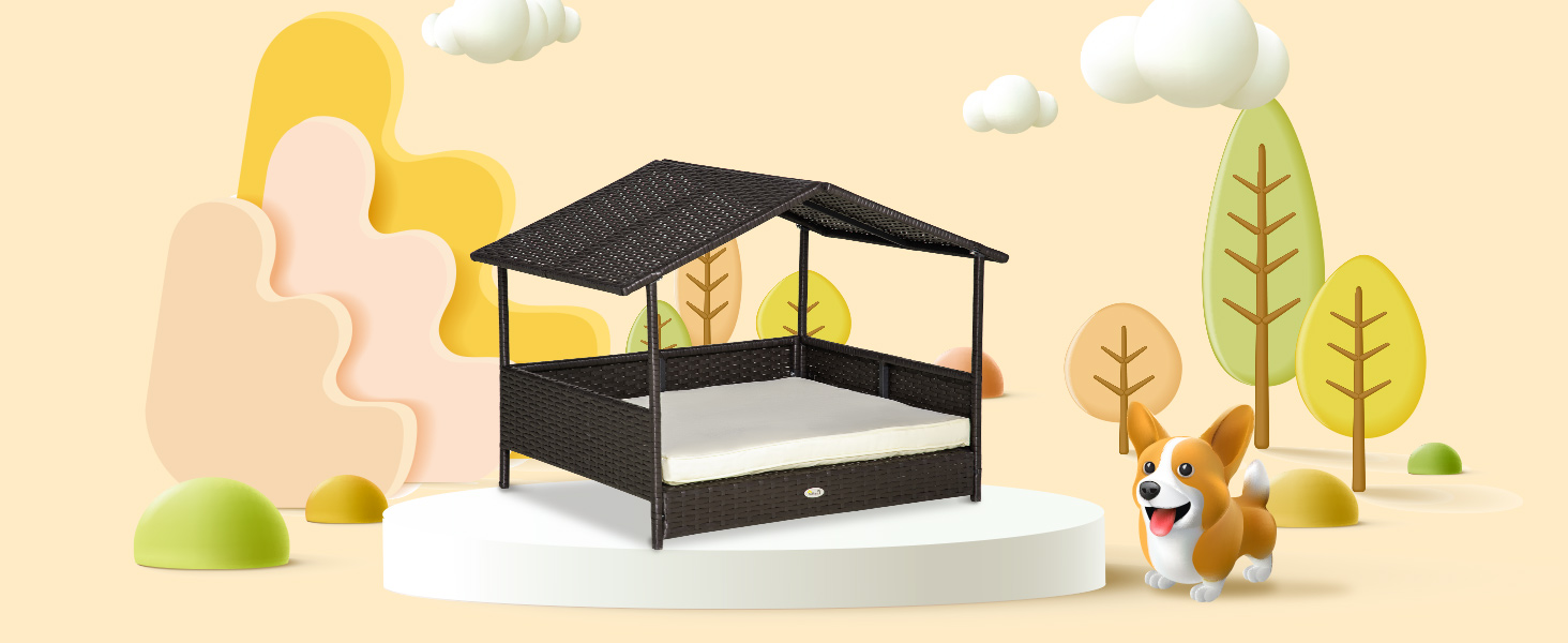 PawHut Лежанка для собак на вулицю з дахом, піднята лежанка для маленьких та середніх собак, прохолодна лежанка для домашніх тварин з металевим каркасом, подушка для вулиці, 69 x 98 x 70 см, кавово-коричневий колір