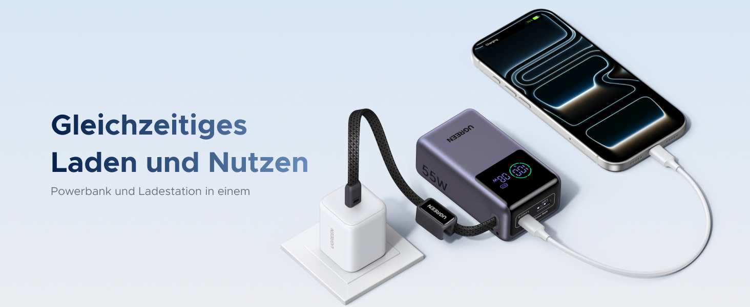 Power Bank UGREEN 10000mAh 55W з вбудованим кабелем, PD 45W, Mi Turbo Charge для Xiaomi, сумісний з iPhone 15/16/17 (Сірий)