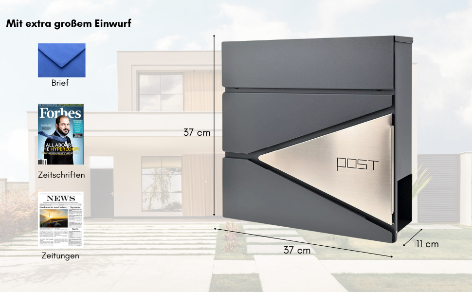 Поштовий ящик Verda з газетницею, нержавіюча сталь, антрацит, 2 ключі - дизайнерський настінний поштовий ящик з прихованим замком