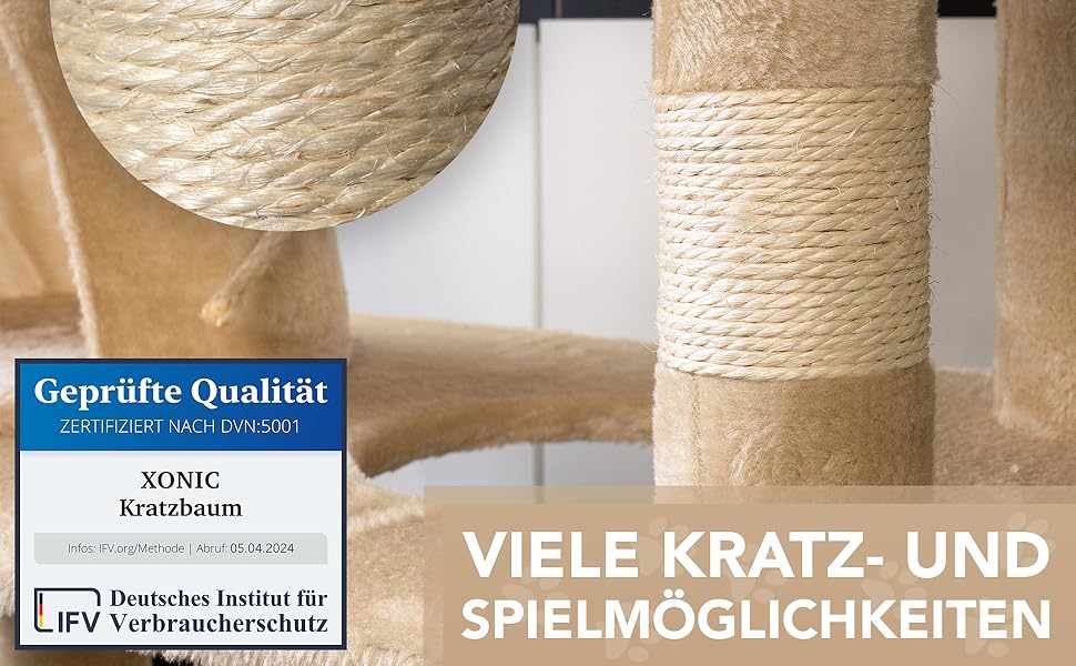 Кігтеточка для котів Foxdevil від xonic® - багатофункціональна кігтеточка з оглядовою платформою, гамаком, затишною печерею, іграшковою шнуркою, сходами – 141 см – (Бежевий V1)