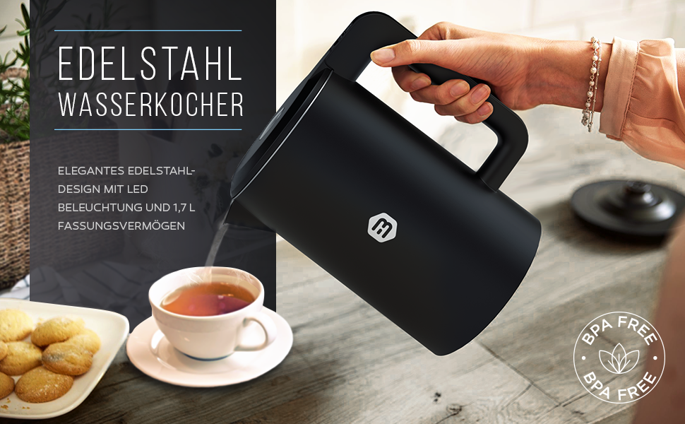 Balter Stainless Steel Electric Kettle with Temperature Control - 40°C to 100°C, Double Wall, BPA Free, 1.7L, 2200W, Quiet, Black