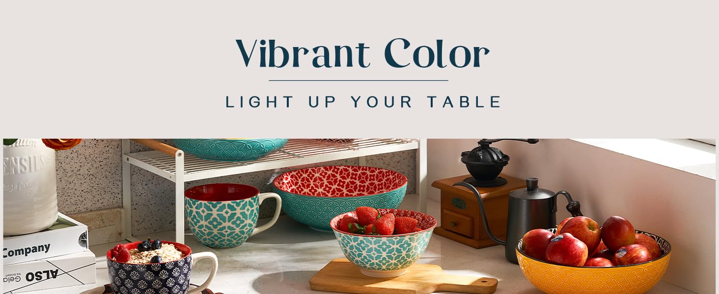 Набір тарілок для мюслі DOWAN (6 шт.), 680 мл, діаметр 15,2 см, кольорові, великі, набір тарілок для вечері, Різдва, супу, салату, кукурудзяних пластівців, з квітковим візерунком