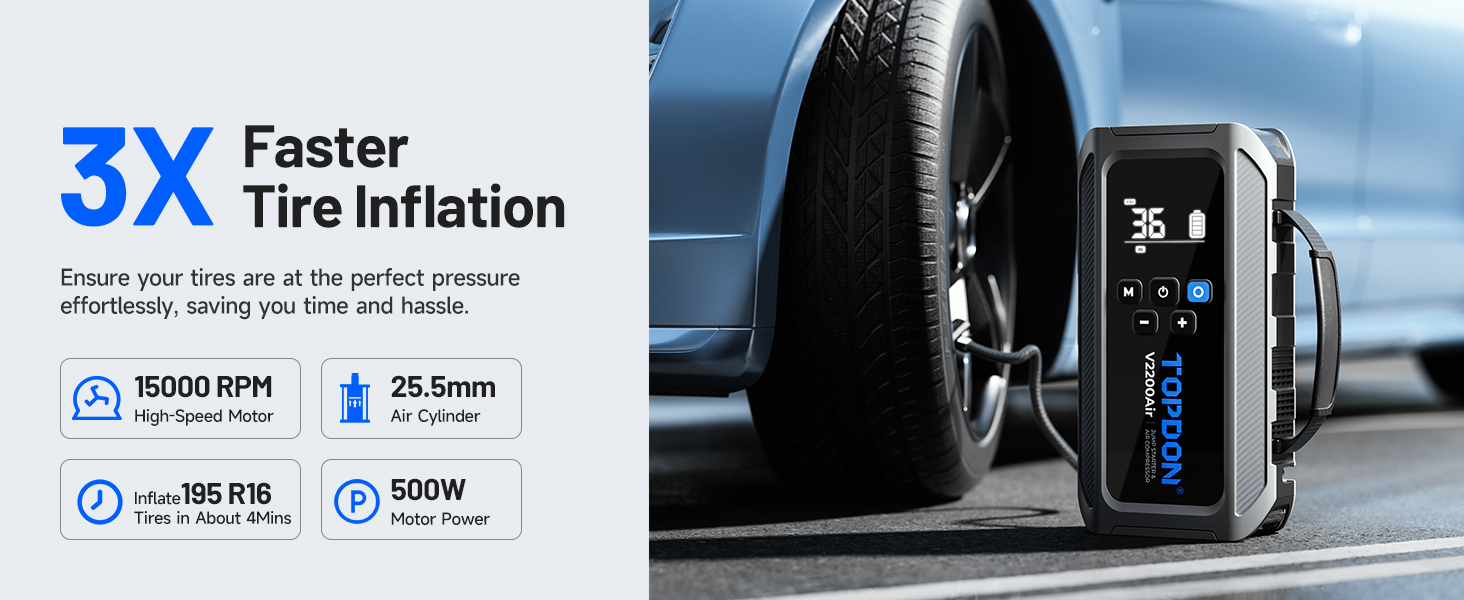 TOPDON V2200Air: Портативний стартер та компресор для авто (2200A, 150PSI)