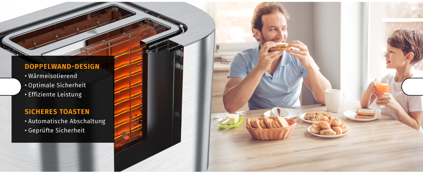 Тостер Arendo з нержавіючої сталі, 2 відділення, сенсорний дисплей, 800 Вт, підставка для булочок, 6 рівнів підсмажування, центрування хліба, таймер, пам'ять (C: Steelsilver)