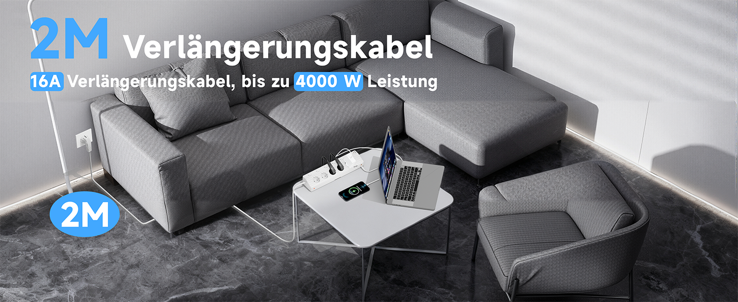 Настільний мережевий фільтр з 5 розетками та 2 USB-C (PD 30W), подовжувач з вимикачем, 4000W, кабель 2м, білий