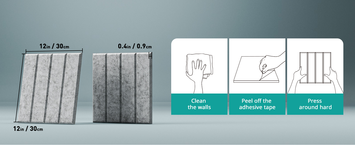 Акустичні панелі Soundsbay для шумоізоляції та звукопоглинання, самоклеючі поліестерні плити 30×30×0.9 см, чорні, 12 шт.