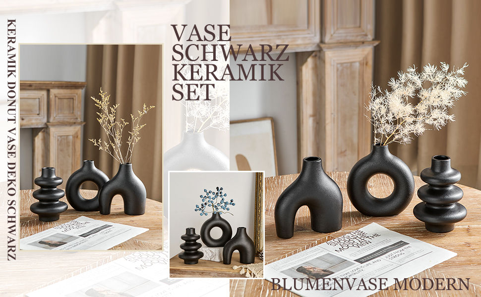 Set of 3 Black Ceramic Vases - Small Pampas Grass Decor, Modern Flower Vases for Home, Wedding & Living Room Centerpieces