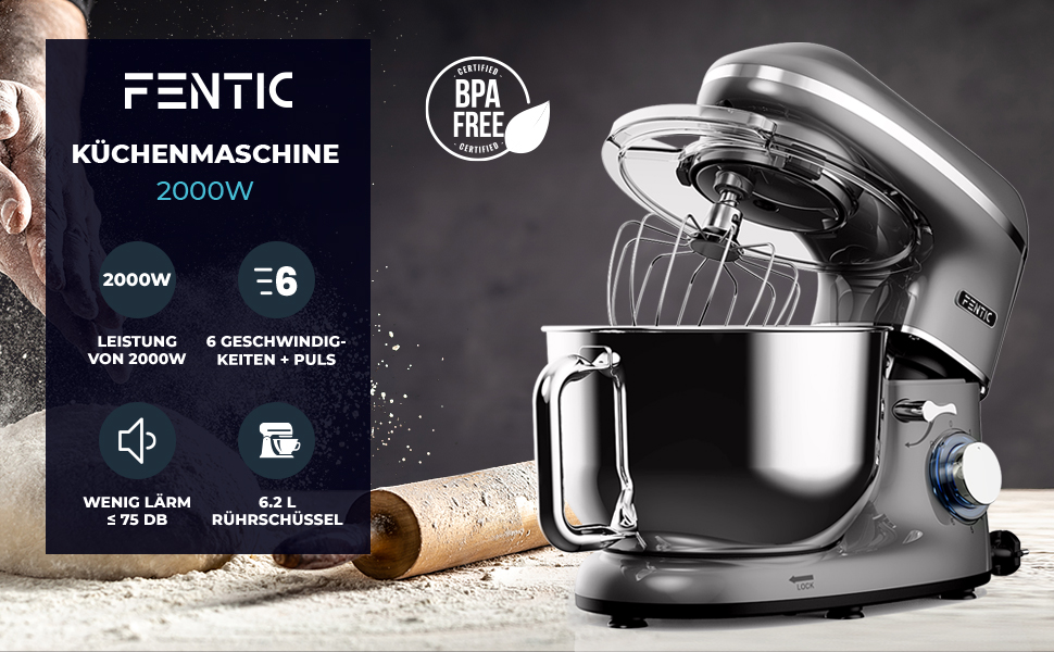 Fentic 2000W Stand Mixer - Stainless Steel Bowl (6.2L) - Kitchen Machine with Dough Hook, Beater, Whisk & Splash Guard - Includes Accessories - Anthracite