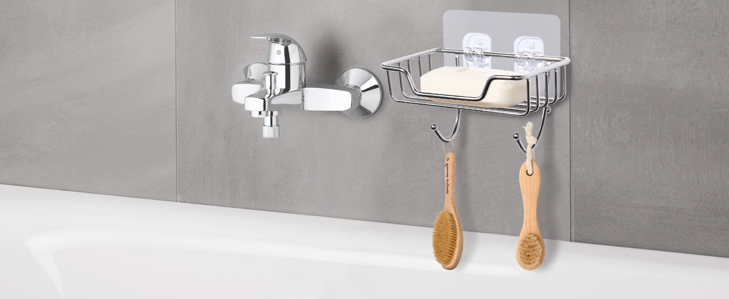 Тримач для мила без свердління Uten, нержавіюча сталь, самоклеючий, з 2 гачками, для мила та губки, для душу, ванної кімнати, кухні, сріблястий