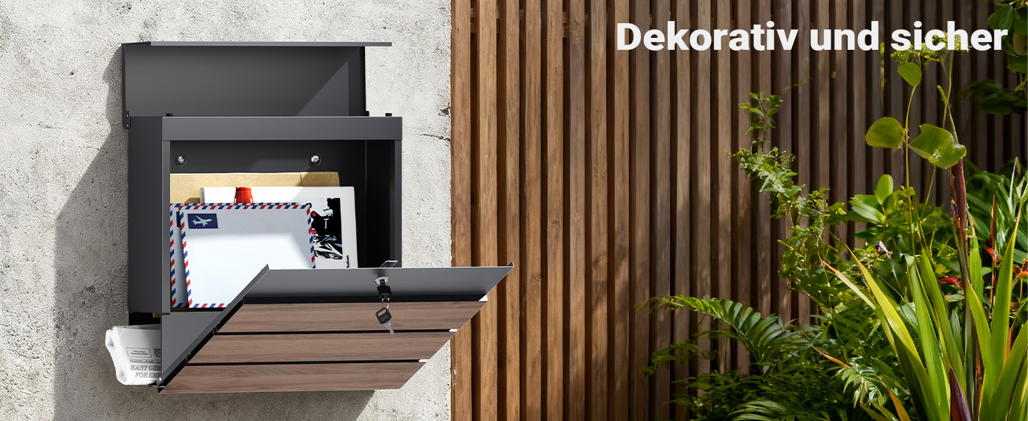 Поштова скринька настінна V63 Anthrazit з дерев'яним декором, сталь, з замком та м'якою кришкою, 410x130x370 мм