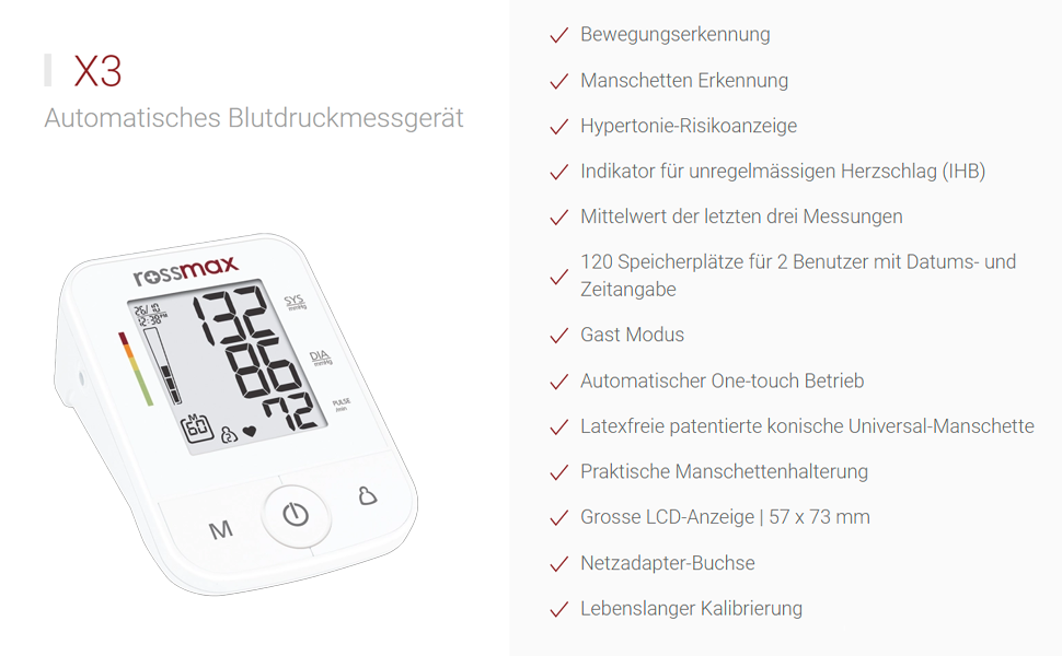 Тонометр Rossmax X5 BT з Bluetooth – вимірювання на плечі, автоматичний, клінічно перевірений, великий LCD-дисплей, виявлення AFib та PC, нерегулярне серцебиття