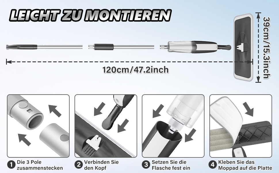 Швабра з розпилювачем MANGOTIME: мокрою шваброю для миття підлоги з баком та 4 накладками. Підходить для більшості типів підлоги. Чорний колір.