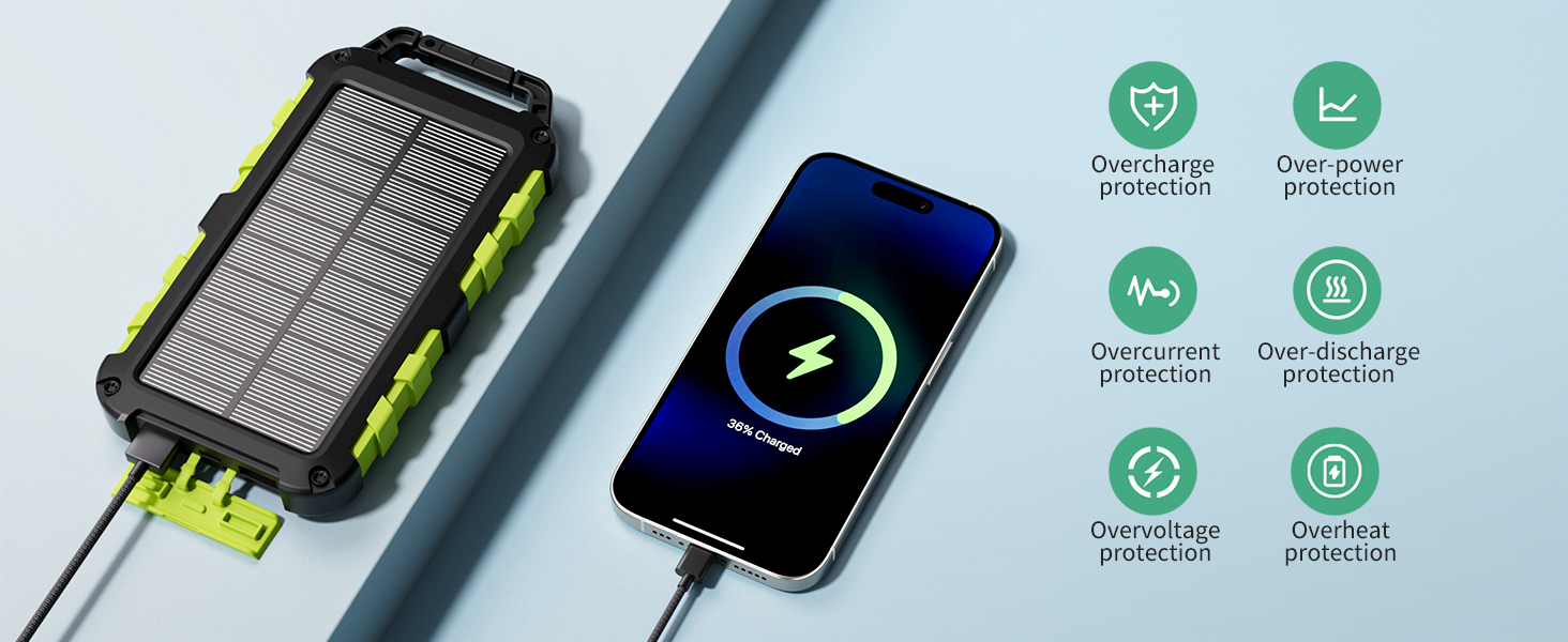 Powerbank сонячний TOENNESEN 26800mAh PD 15W: вологостійкий акумулятор з LED-ліхтариком та 3 виходами USB-C для смартфонів, планшетів, кемпінгу та подорожей (Чорний)