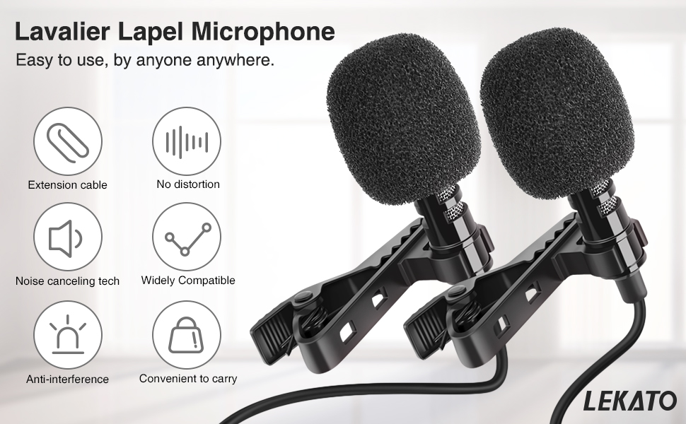 Мікрофон-петличка LEKATO для смартфона та ПК (2 шт.), 3.5 мм, 2 м кабель для запису, трансляцій, інтерв'ю, конференцій, подкастів