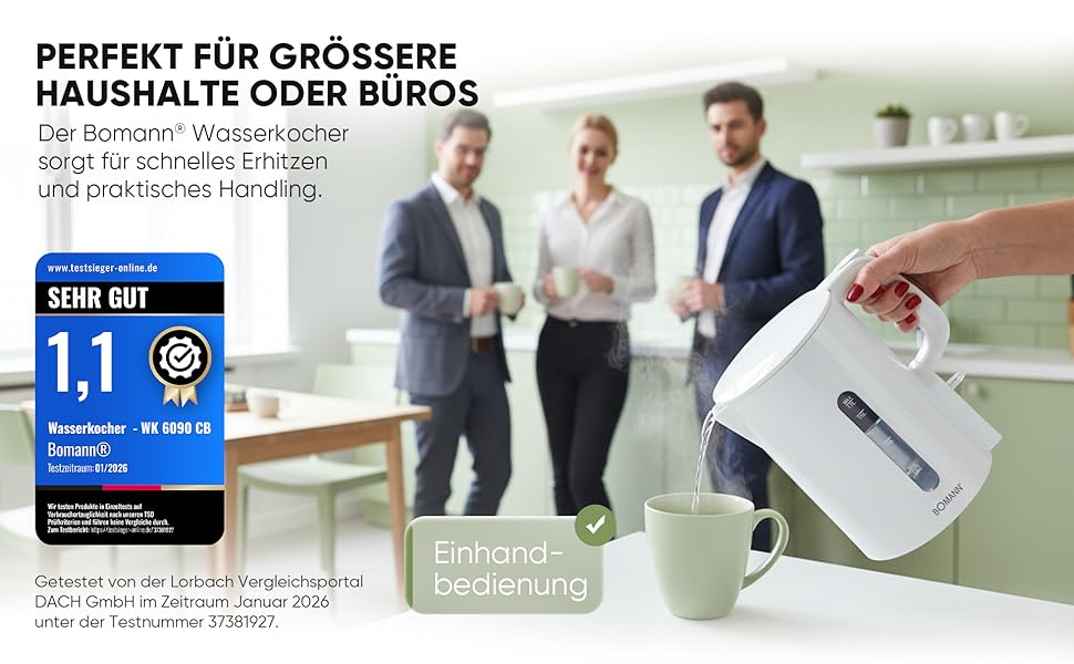 Електричний чайник Bomann WK 6090 CB (1,7л, 2200W, білий) з нержавіючої сталі, BPA Free, з індикатором рівня води та захистом від перегріву