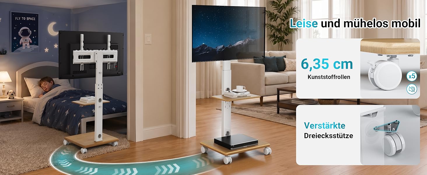 Мобільний стійка-підставка для ТБ BONTEC на колесах, 32-80 дюймів, дерев'яна основа, до 60 кг, білий