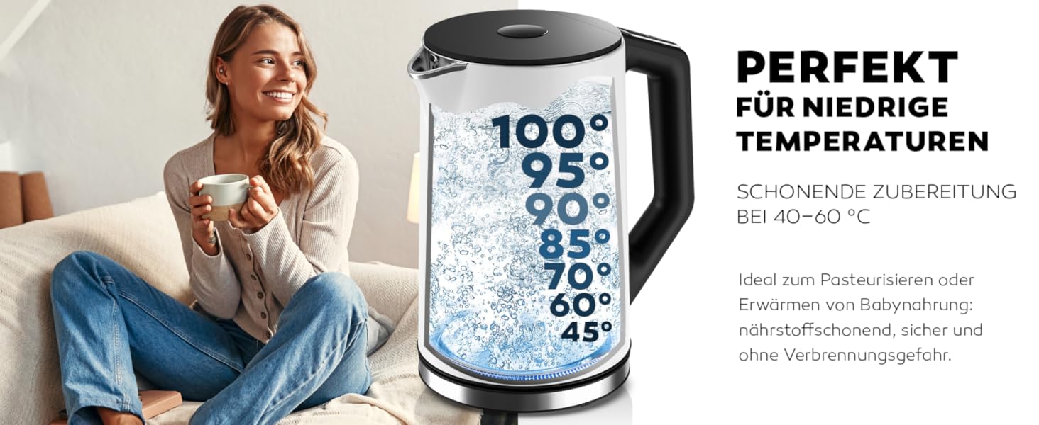 Balter Stainless Steel Electric Kettle with Temperature Control - 40°C-100°C, Double Wall, BPA Free, 1.7L, 2200W, Quiet Kettle