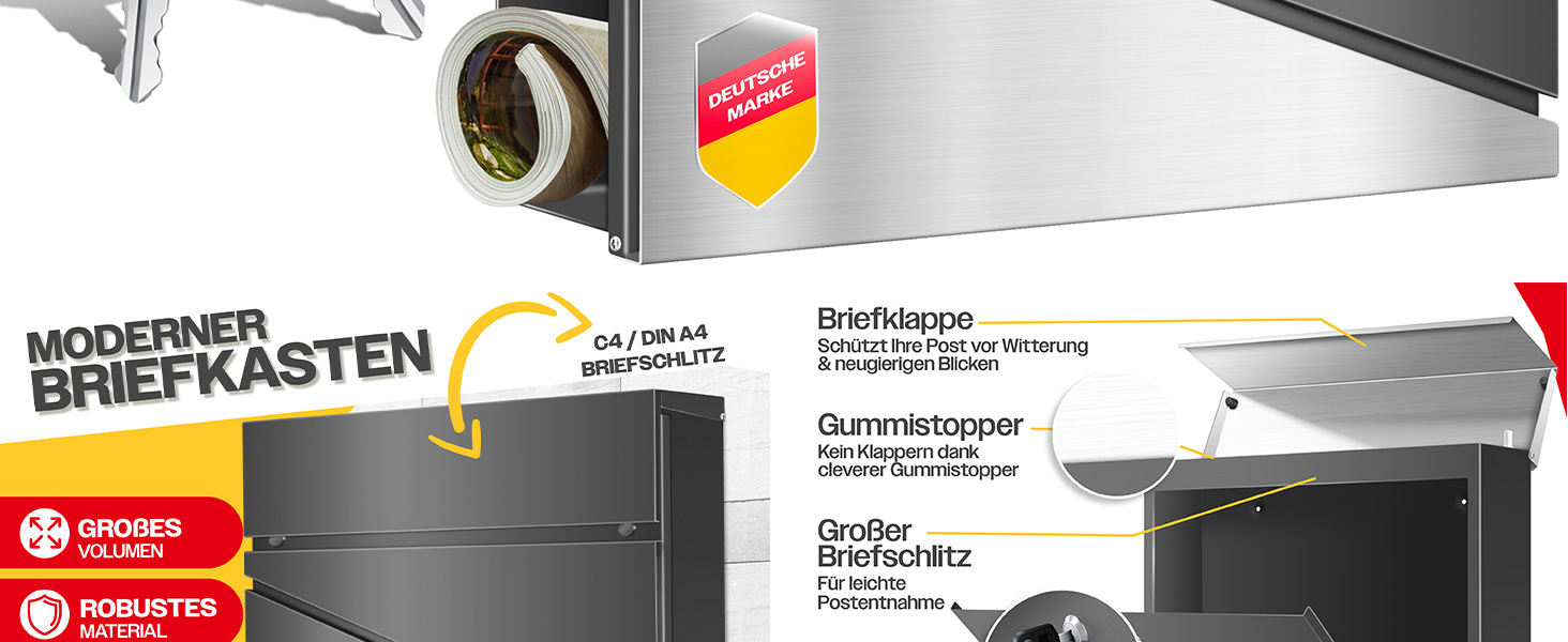 Поштовий ящик KESSER з газетницею, нержавіюча сталь, сріблясто-антрацитовий, з 2 ключами, настінний, з м'яким закриттям кришки, з кріпленням