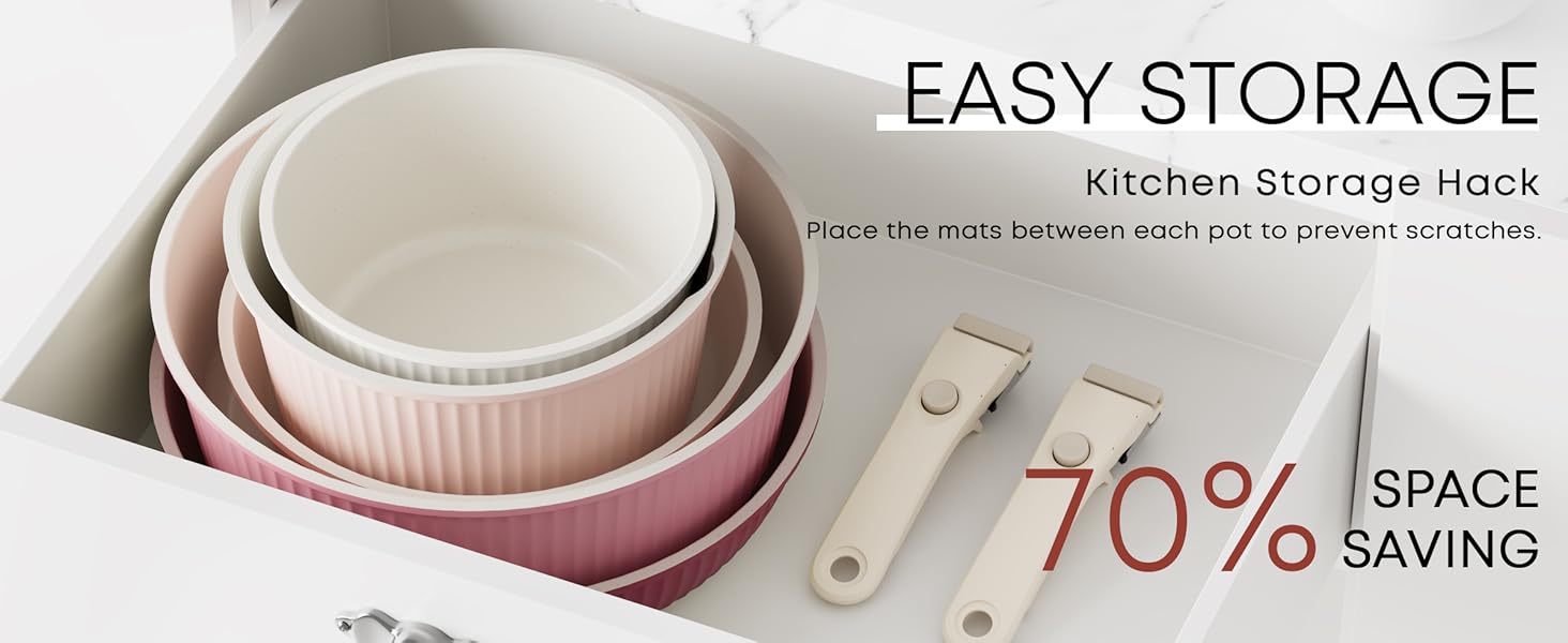 RIOVARM Induction Cookware Set with Removable Handles - Nonstick Granite Stackable Pots and Pans Set with Silicone Lids - PFOA Free Cookware Set - Pink