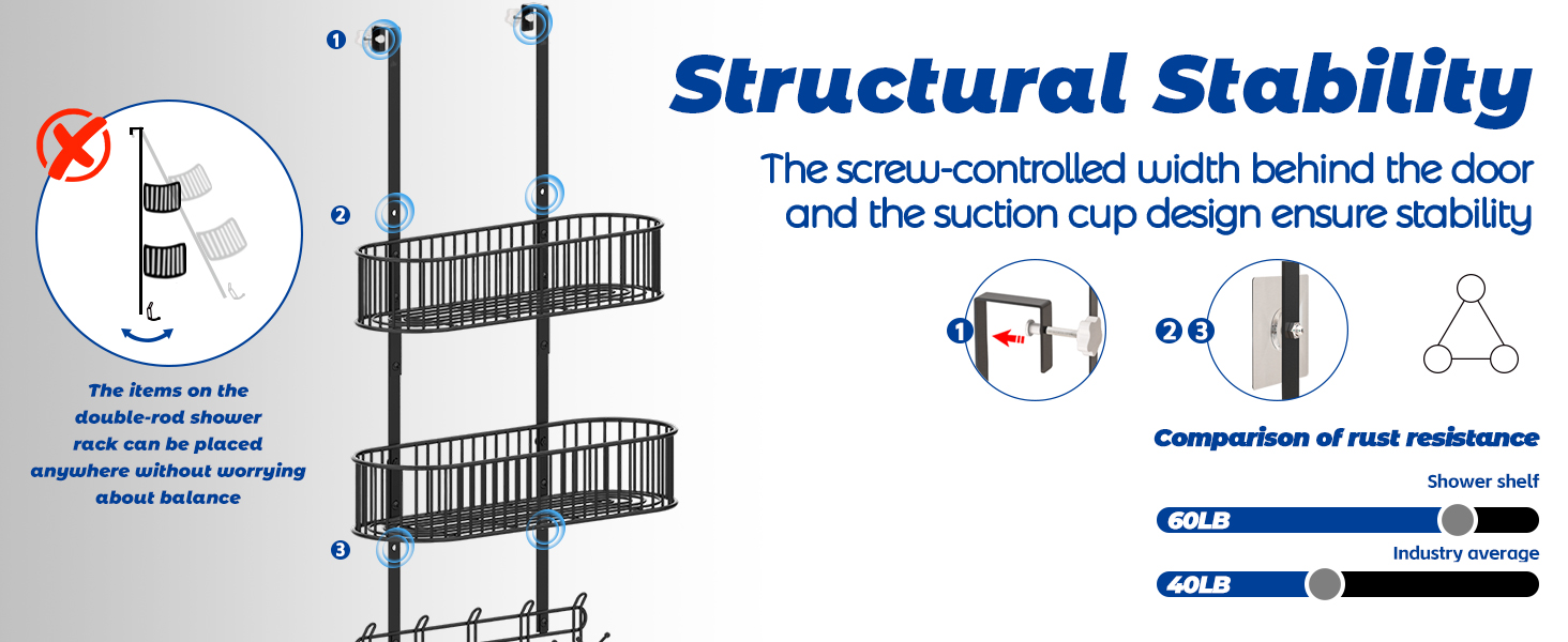 Настінна поличка для душу AIGOCITY без свердління, чорна, для скляних душових кабін, з 3 гачками, регульована висота, для шампуню та гелю для душу