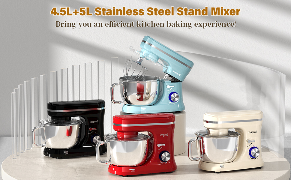 Планетарний міксер Vospeed для замісу тіста 5QT, кухонна машина з чашею з нержавіючої сталі, 8 швидкостей, набір насадок (гак, вінчик, міксер), синій
