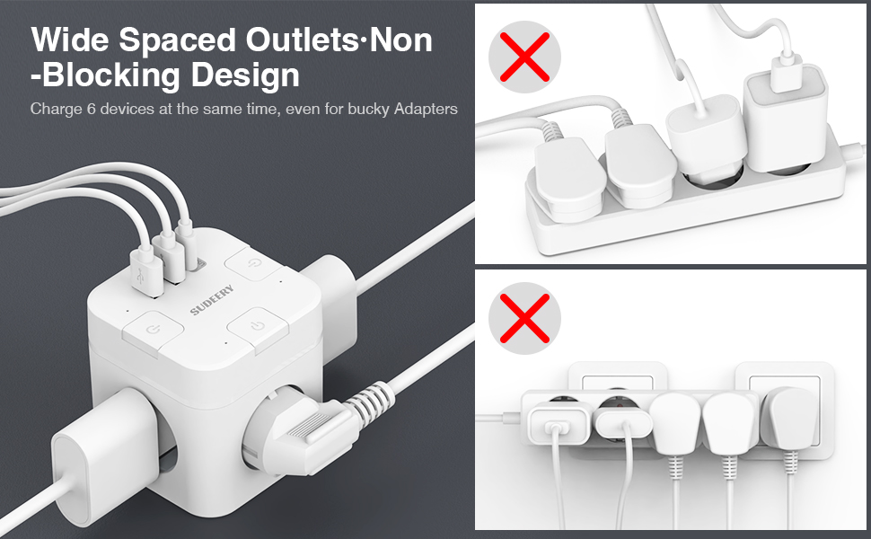 Багатофункціональний розподільник розеток 6 в 1 з USB-C, 3 розетки, плоский штекер, індивідуальне вмикання, кабель 2м, 1 USB-C, для офісу, дому, подорожей (білий)