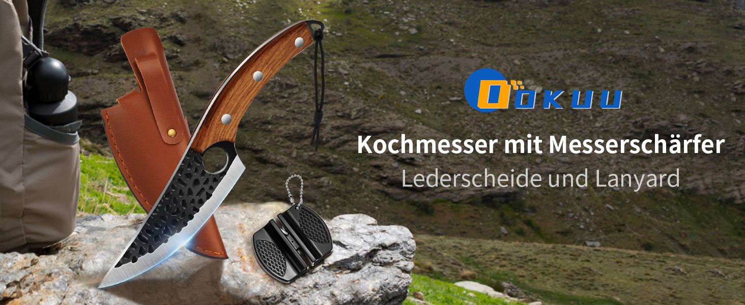 Ніж кухарський OOKUU, м'ясний тесак з точилкою та шкіряною піхвою, професійний ніж для обвалювання, гострі кухарські ножі в японському стилі, тесак для кухні на відкритому повітрі