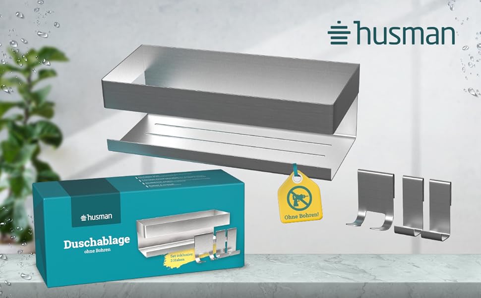 Поличка для душу Husman® без свердління | Нержавіюча сталь, матова | Зливні канавки та 3 гачки | Кріплення клеєм, не свердління | Корзина для душу, поличка для ванної, органайзер для ванної кімнати та кухні