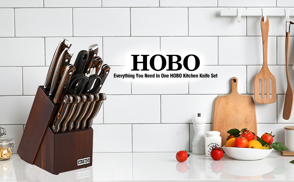 Набір ножів HOBO 15 предметів: кухонний, для хліба, для м'яса, для овочів, ніж Сантоку, точилка, японська сталь, кольоровий дерев'яний грифель