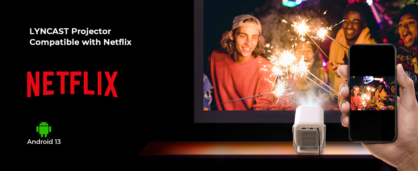 Портативний проєктор LYNCAST N300: 4K, Android 13, WiFi 6, Bluetooth 5.4, сумісний з Netflix, iOS, USB, HDMI