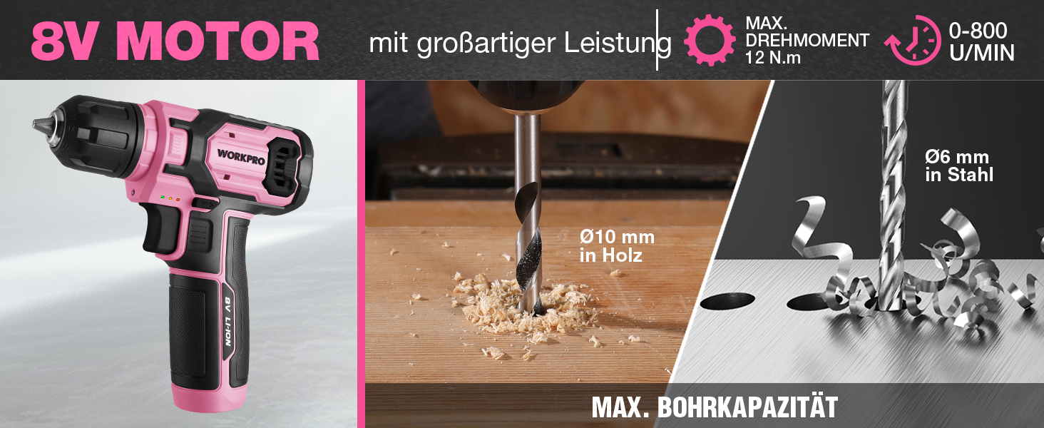 WORKPRO 8V акумуляторний дриль-шуруповерт, комплект з кейсом, 2000 mAh, 10 мм патрон, 12 Н·м, LED-ліхтик, 21 шт. аксесуарів, для ремонту та DIY, сірий & зелений (рожевий & чорний)