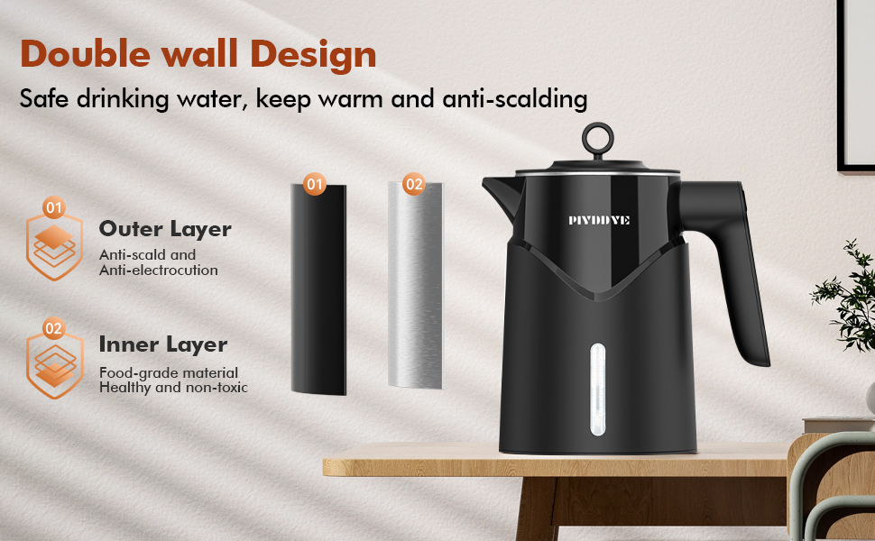 Електричний чайник з нержавіючої сталі 2200W з швидким нагріванням, автоматичним вимкненням, захистом від сухого кипіння, 1.7L, без BPA, без контакту з пластиком, тихий, чорний