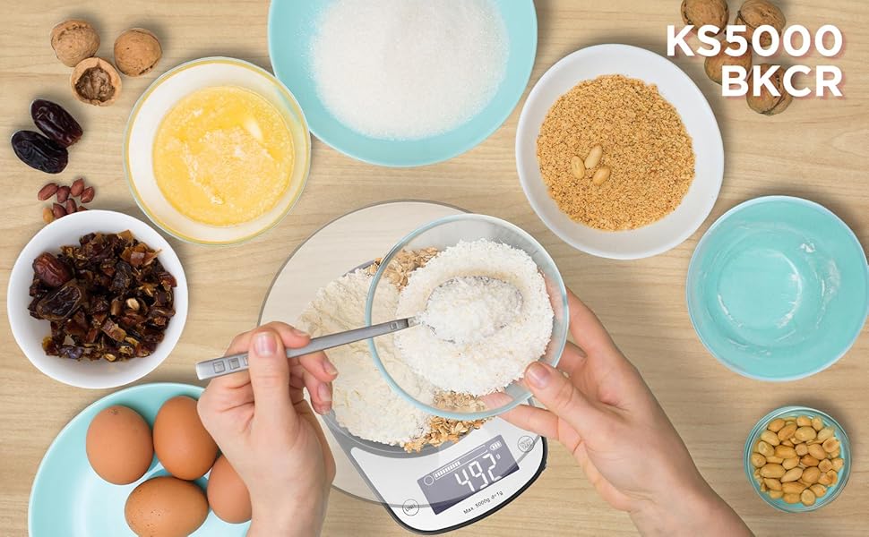 Ваги кухонні Duronic KS5000BKCR: цифрові, 5 кг, з мискою, точність 1 г, з функціями Tara та Hold
