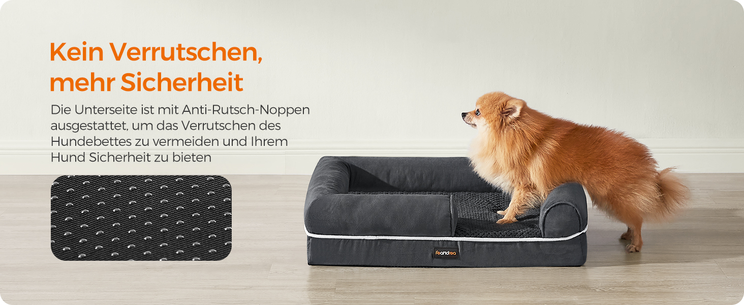 Feandrea Orthopedic Dog Bed, Dog Cushion, Dog Basket, Soft Padding, Dog Sofa, Raised Edges, Removable and Washable Cover, 91 x 71 x 20 cm, Non-Slip Bottom, PGW076G01 (L 76 x W 51 x H 18 cm, Dark Grey)