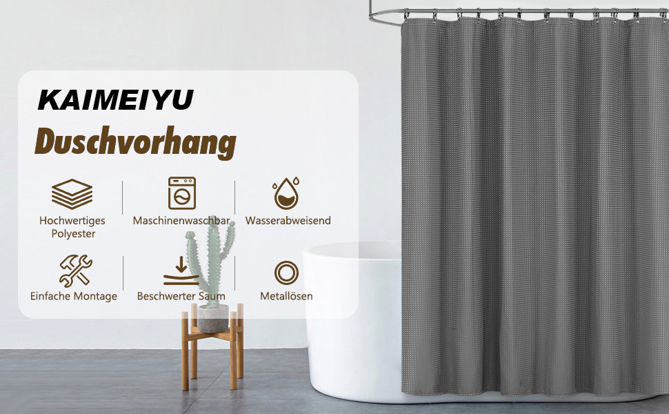 Штора для душу миюча текстильна поліестер 180x200 см, сіра, з кільцями (12 шт.) - Водонепроникна штора у ванну