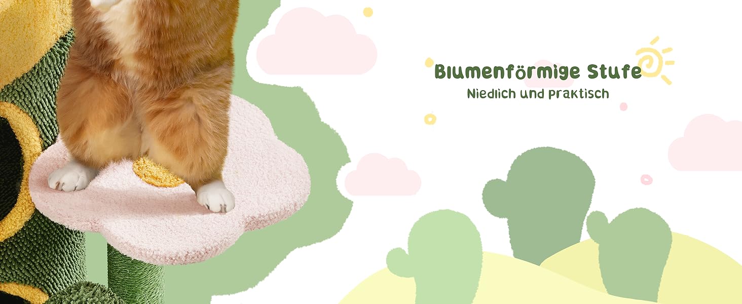 Дерево-кіготь для котів Yaheetech Kaktus, 123 см, оазис-тема, зелено-жовтий, для 2-3 котів, з 2 платформами та 2 печерами