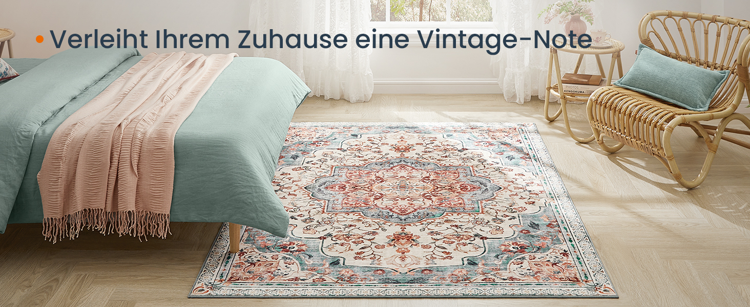 Килим SONGMICS HOME Vintage, 120x170 см, для вітальні, спальні, кухні, коридору, їдальні, миючий, з антиковзаючим покриттям, аквамарин (TAR032G01)