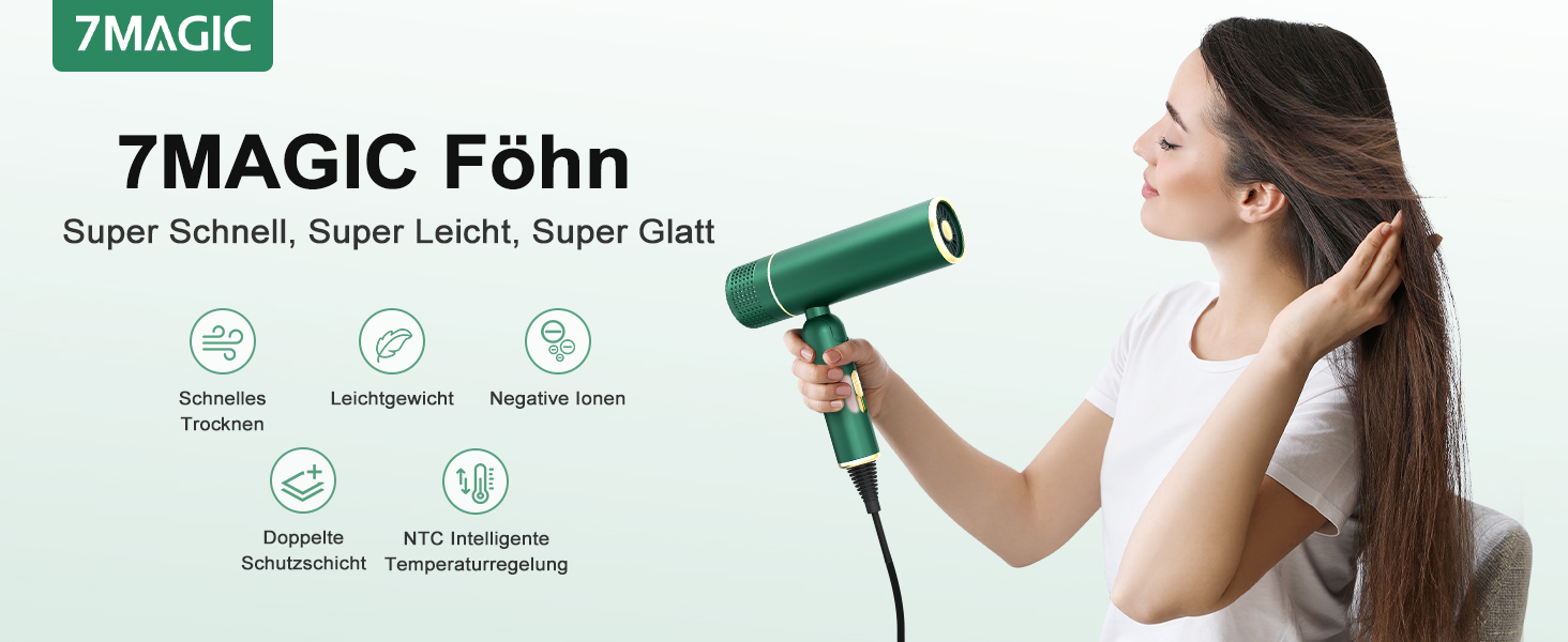 Фен для волосся 7MAGIC з концентратором, компактний туристичний фен, 1600W, зелений