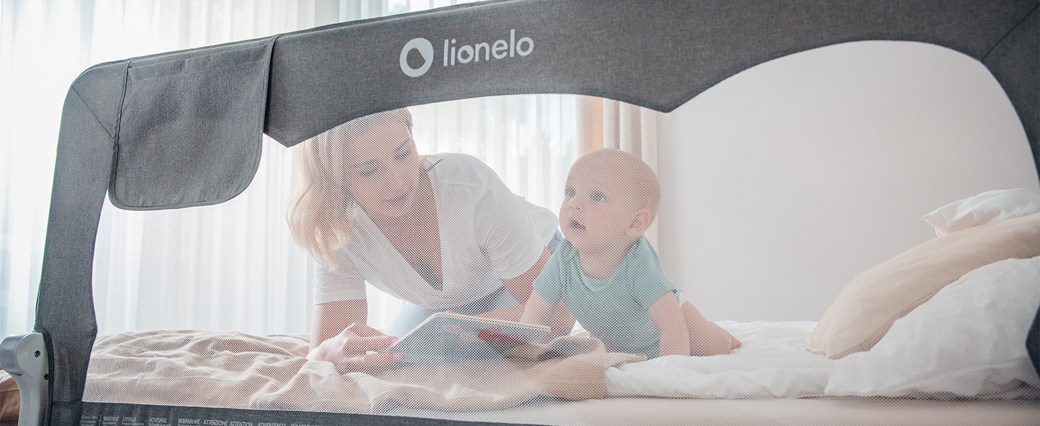 Захисний бортик для ліжка Lionelo Hanna 150x66 см, складаний на 180°, сітчастий, легкий монтаж, блокування, SecureBelt, міцна конструкція, сірий