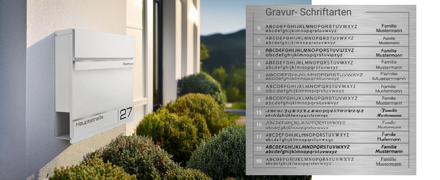 Поштова скринька Metzler Anthrazit RAL 7016 з газетницею та номерним знаком – персоналізована лазерна гравірування, сучасний поштовий ящик з табличкою, водонепроникний та стійкий до іржі | Модель Hermann (RAL 9016)