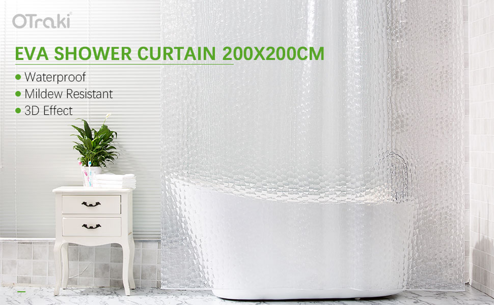 Шторка для душу OTRAKI 200x200 см, антигрибкова, EVA, прозора, PVC-free, водонепроникна, з 12 кільцями