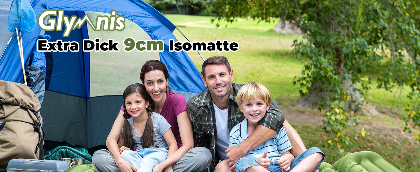 Glymnis Isomatte Camping Air Mattress - 9cm Thick with Foot Pump & Pillow - Ultralight Outdoor Sleeping Pad for Camping, Hiking & Travel - Army Green