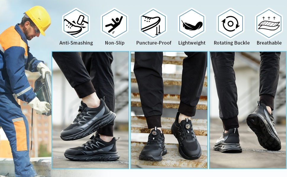 Черевики робочі чоловічі та жіночі спортивні, легкі, дихаючі, на шнурівці, з швидкою застібкою, з обертовим закриттям, з металевим підсилювачем, 44 EU, чорні